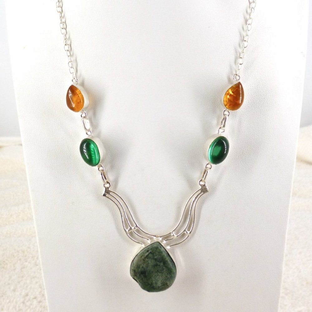 Jasper Necklace Emerald Green & Faux Amber Tone Stones 925 Silver 19"-22" 19420